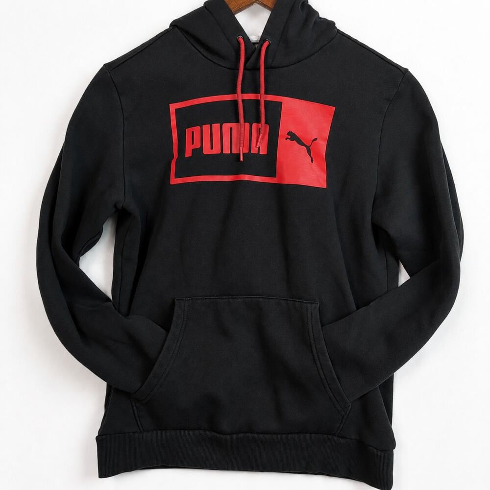 PUMA Men's Small Black Red Split Logo Pullover Hoodie Sweatshirt